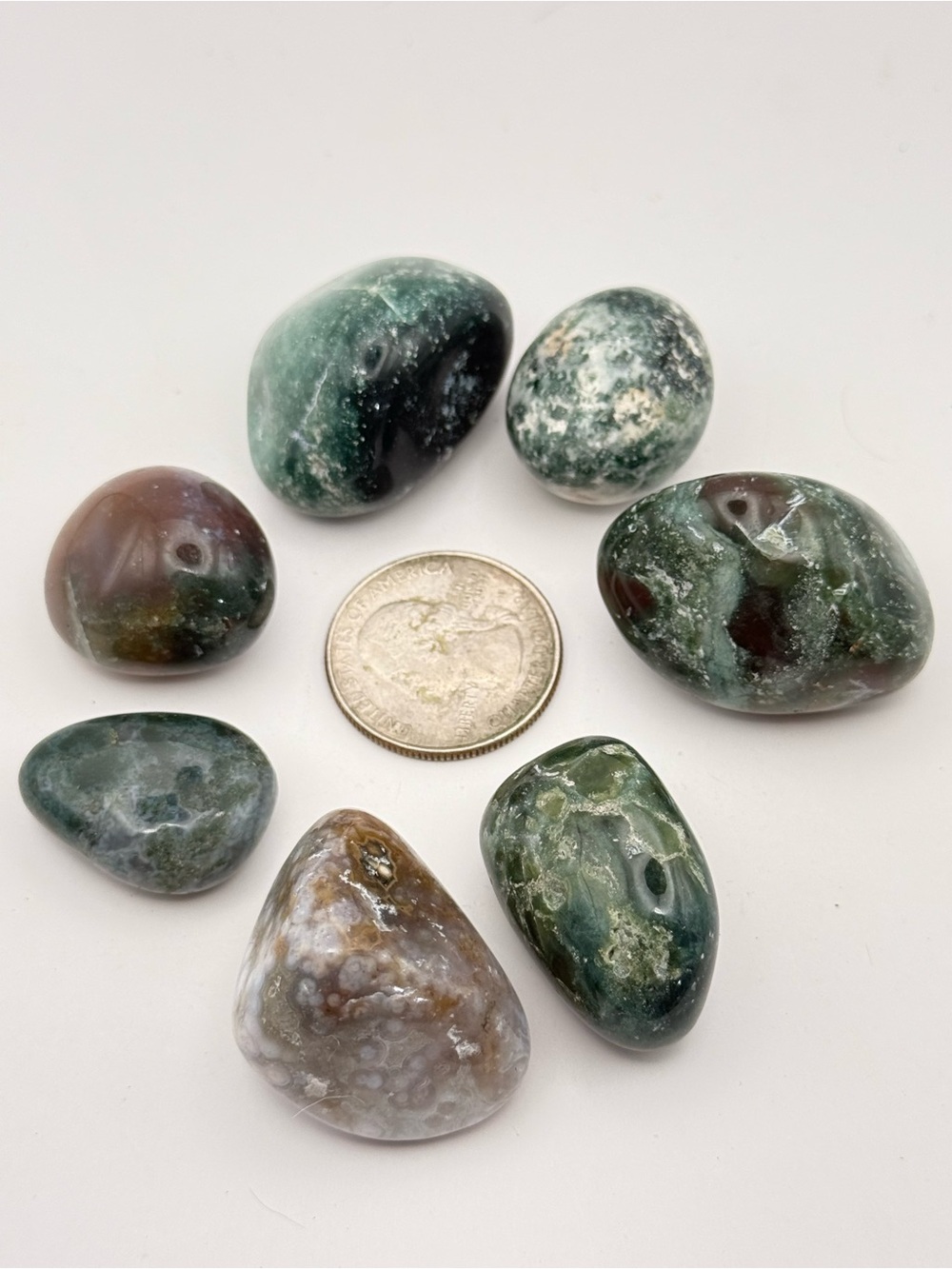 Polished Ocean Jasper Tumbled Stones - Green & Brown Mix (7pcs) - Picture 1 of 5